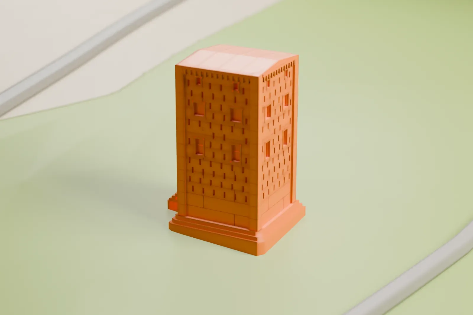A white 3D print of the Ka'ba-ye Zartosht, a square limestone tower on a three-step plinth with a ruined stair at its doorway, standing in the surrounding site.