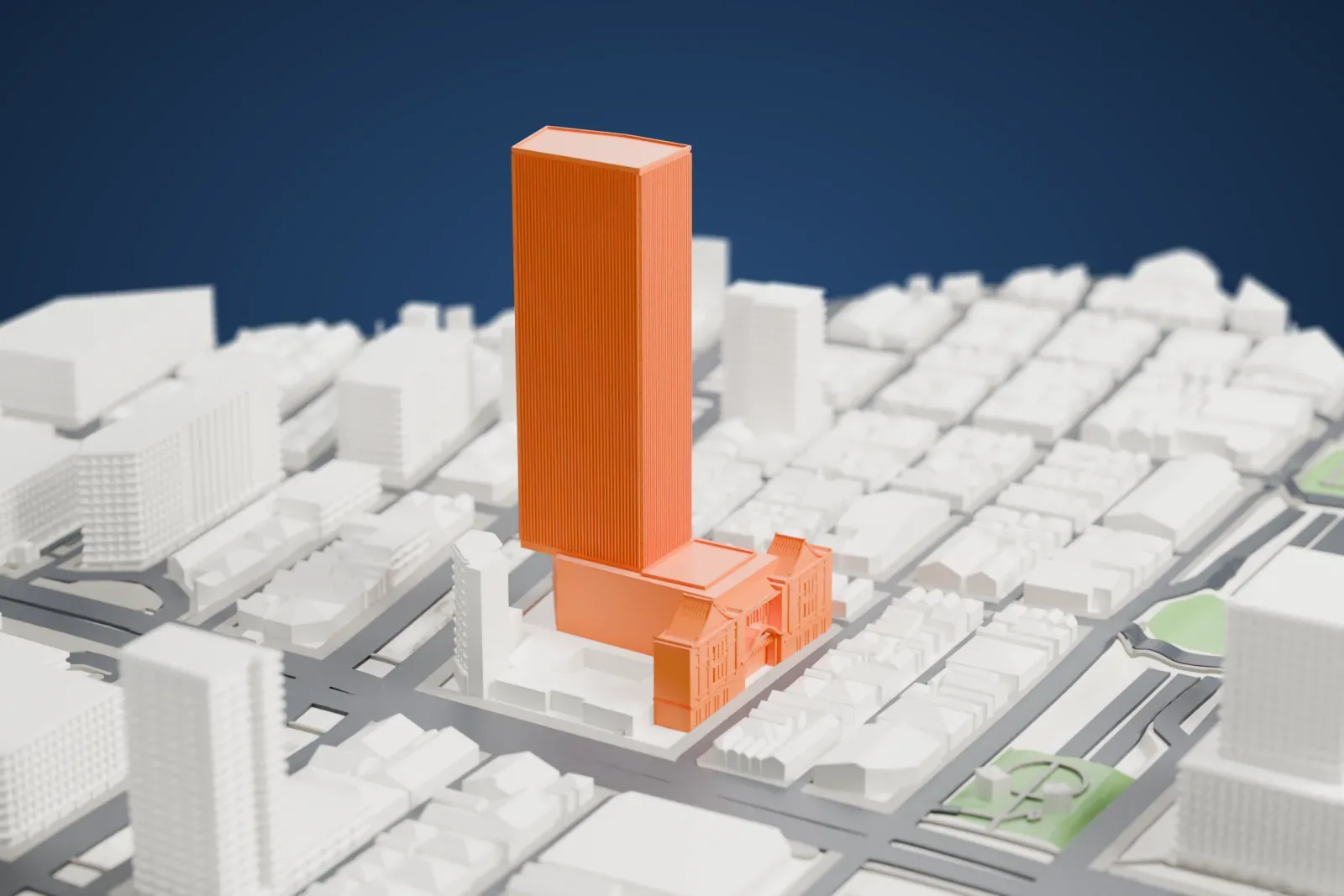 A white 3D print of Kabuki-za among the surrounding streets and buildings.
