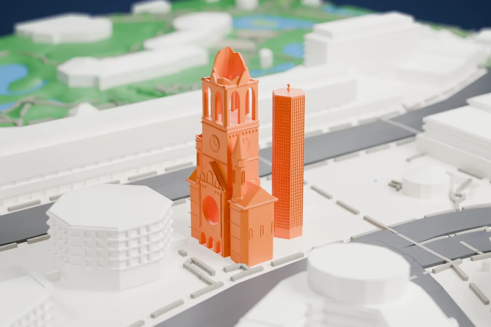A white 3D print of the Kaiser Wilhelm Memorial Church, a ruined spire with a broken top and arched belfry beside a tall, slim tower covered in a fine grid, among city streets and buildings.