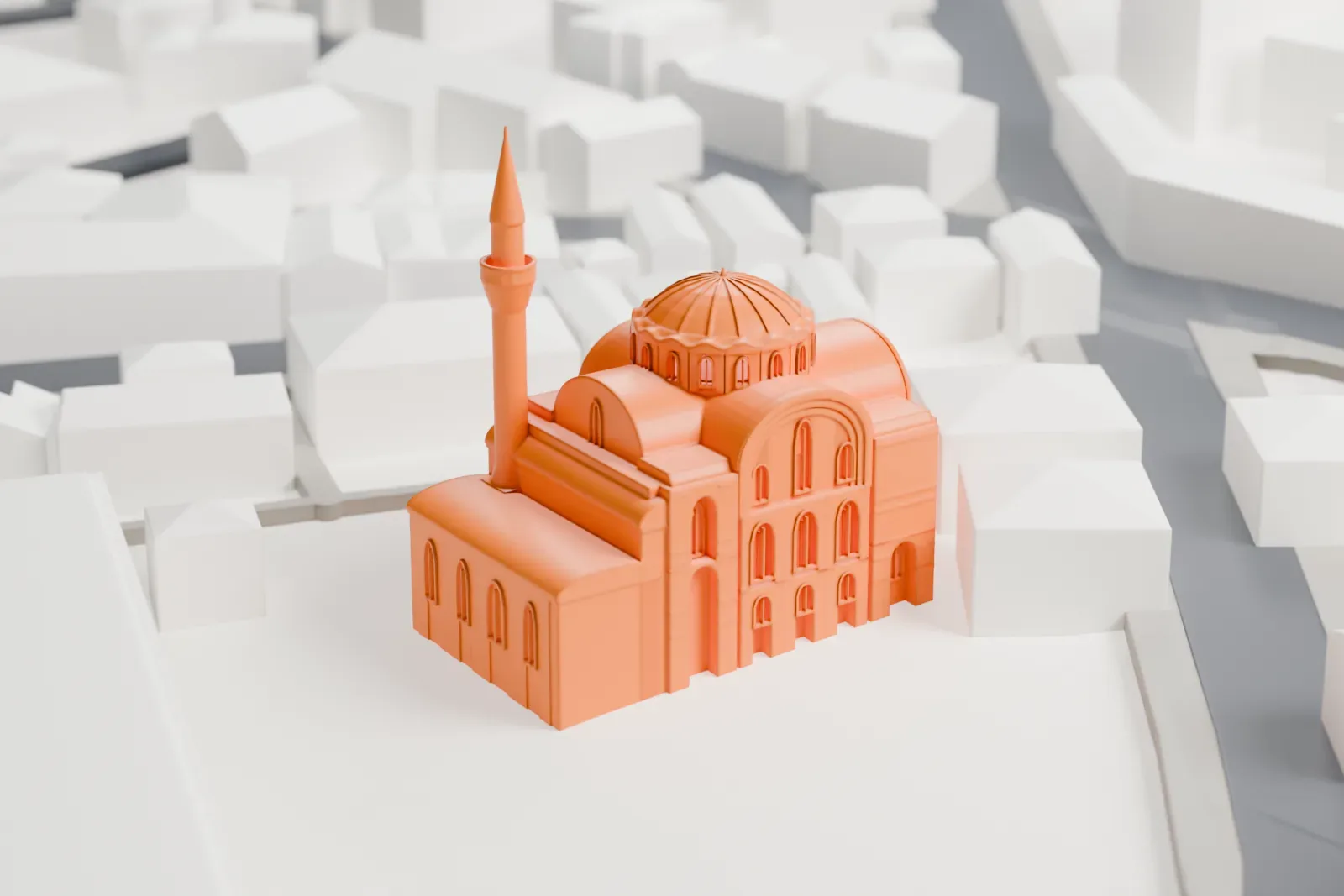 A white 3D print of the Kalenderhane Mosque among the surrounding streets and buildings of Istanbul.