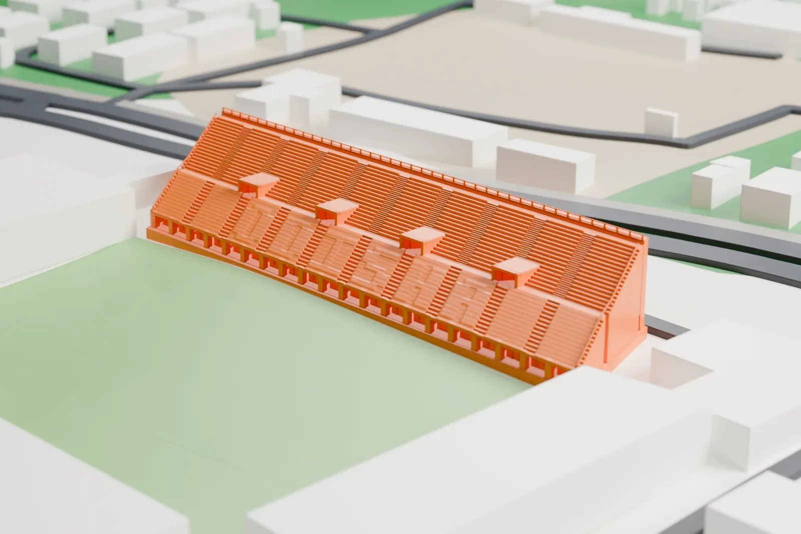 A white 3D print of the Kalinga Stadium grandstand, with its open seating rake and entrance mouths above the surrounding ground.