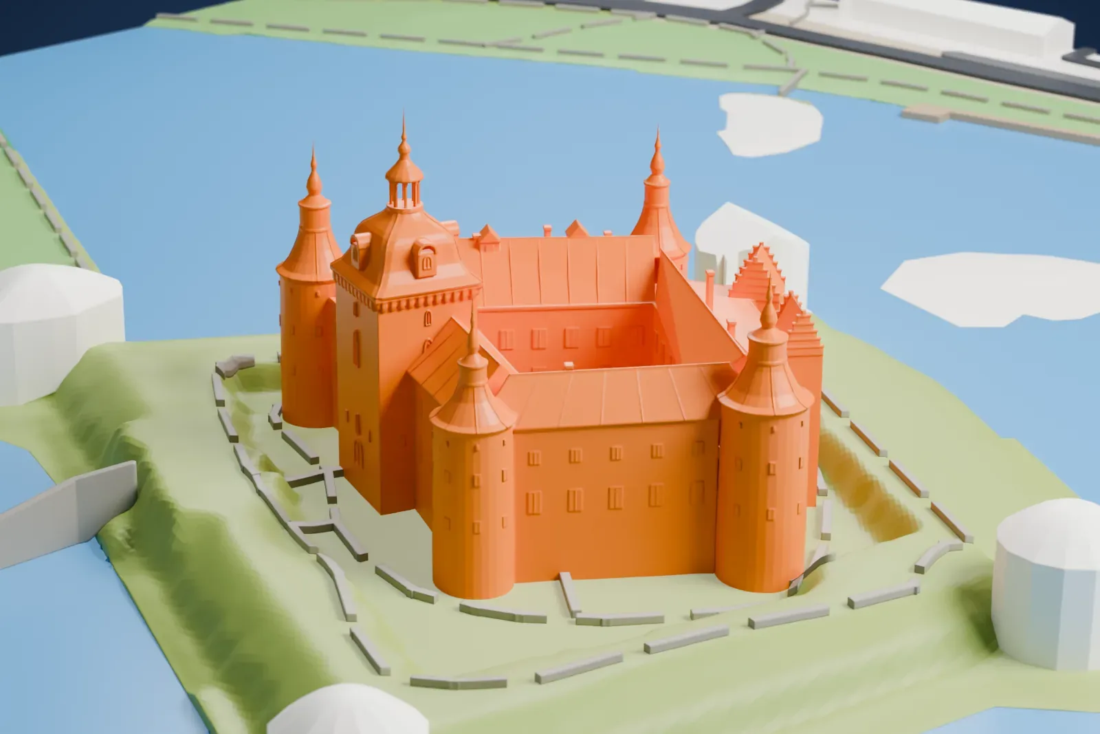 A white 3D print of Kalmar Castle, a castle with round corner towers topped by spires and stepped gables, standing on grassy ground with water around it.
