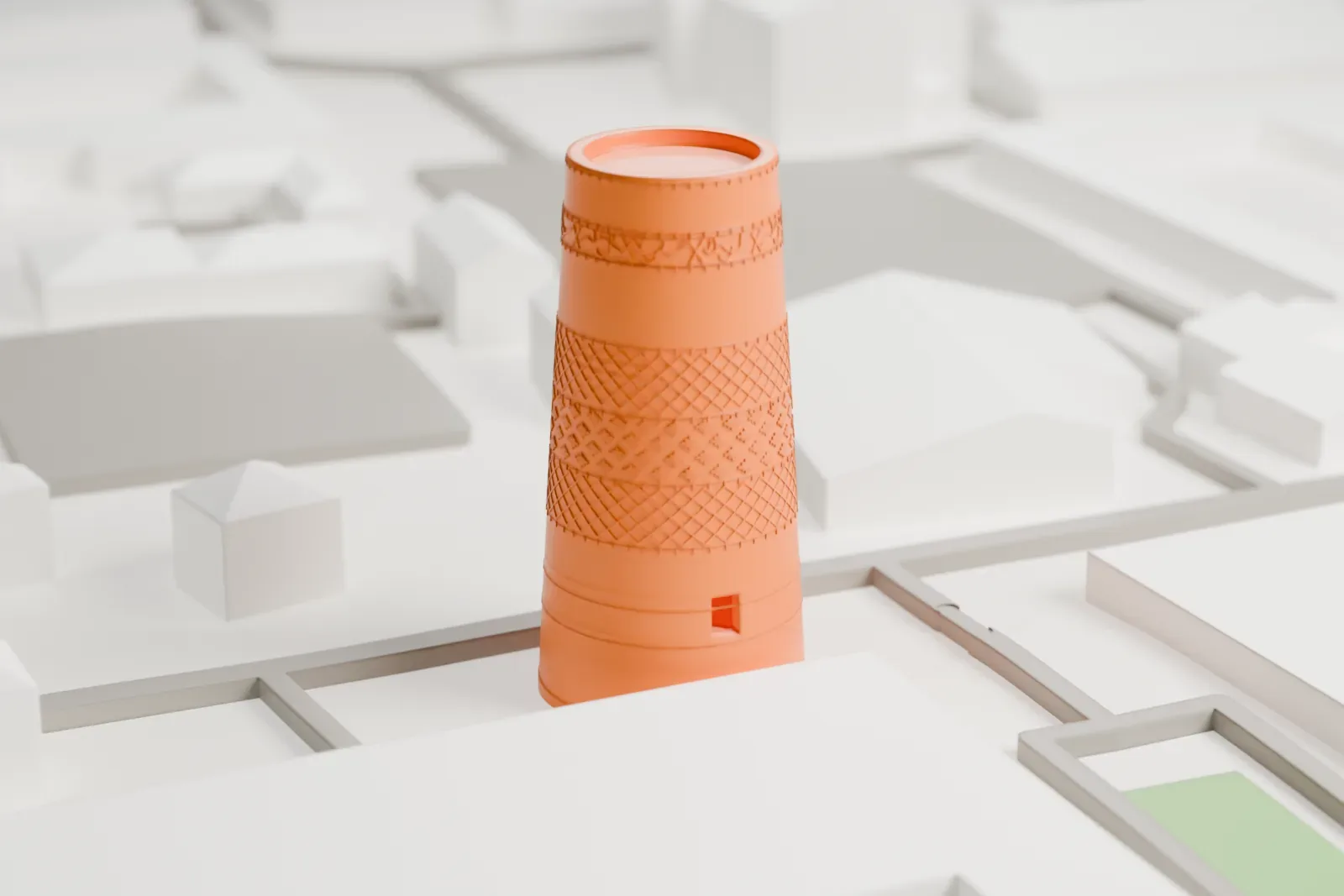 A white 3D print of Kaltaminor, a short, wide, tapering minaret with bands of geometric patterns, surrounded by streets and buildings.