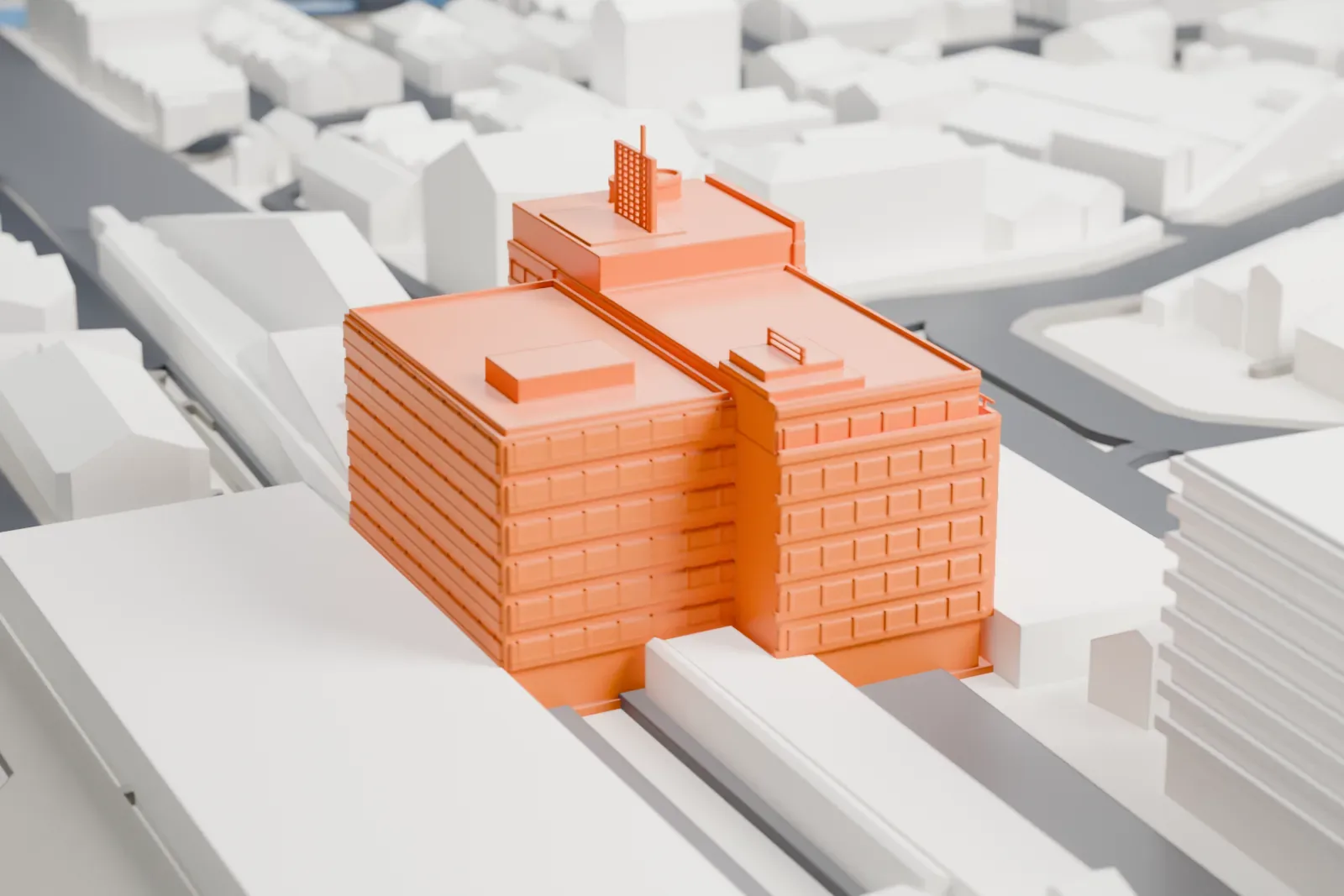 A white 3D print of Kamata Station among the surrounding streets and buildings.