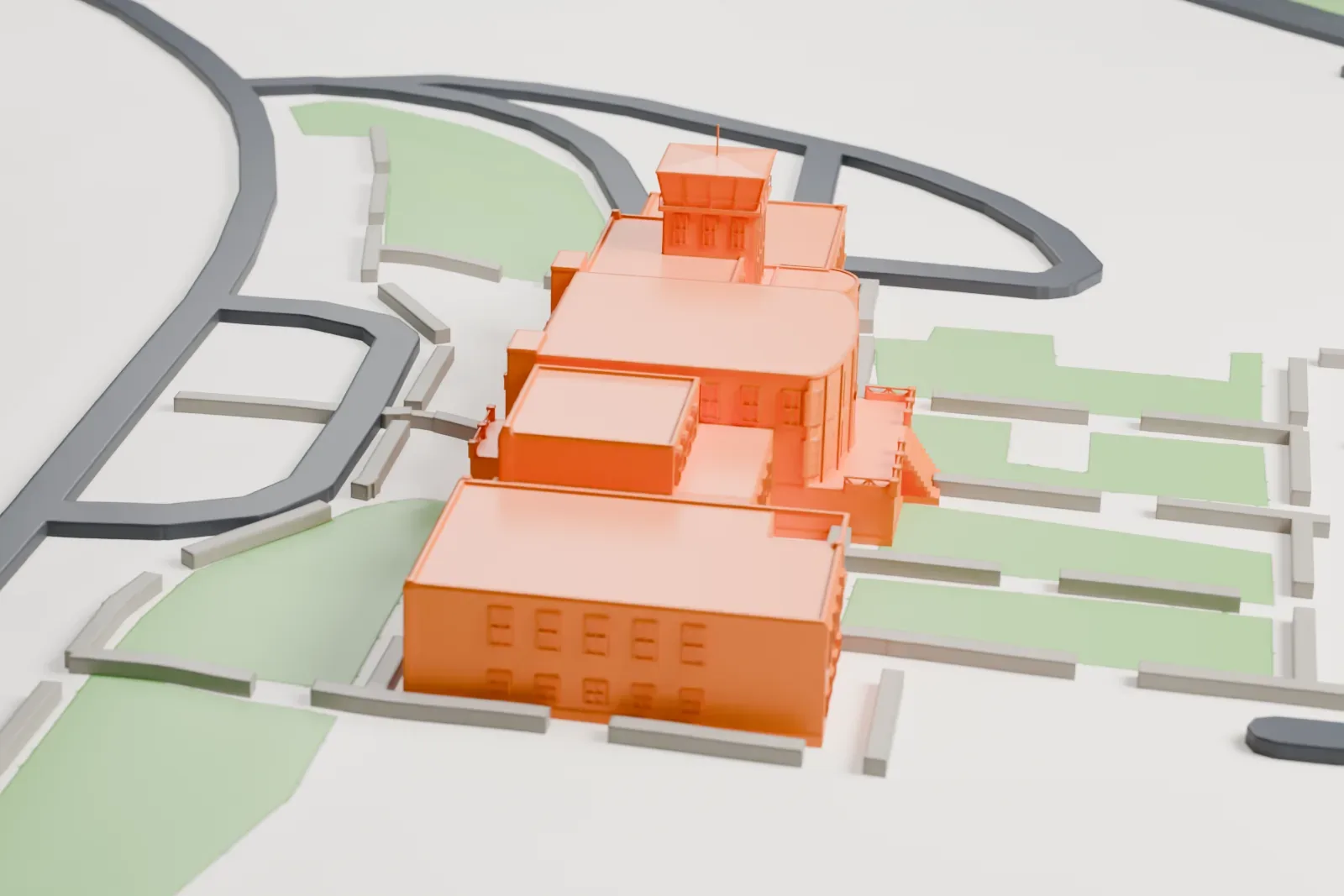 A white 3D print of the Kansas Aviation Museum, a terminal building with a rooftop control tower, a curved front and wings on both sides, standing on an open site with a few paths and lawns.