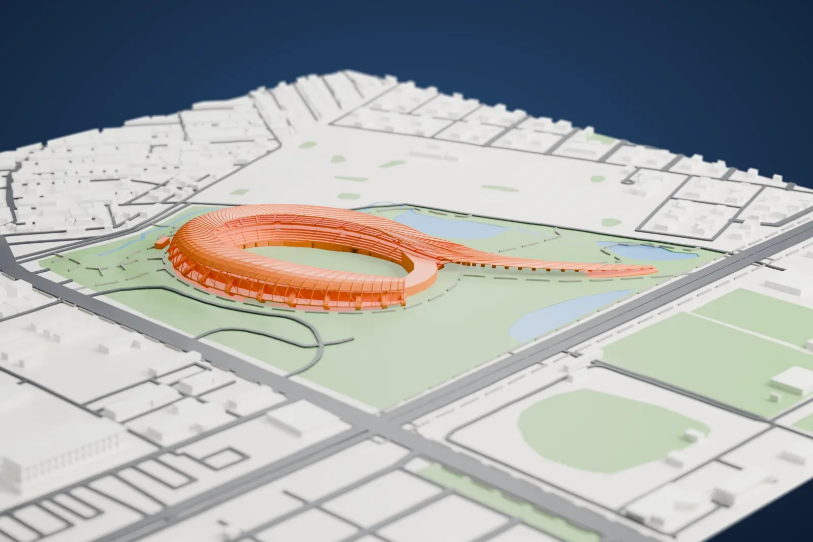 A white 3D print of Kaohsiung National Stadium, an open oval ring with a long tapering tail, set in a park with ponds, roads and low buildings around it.
