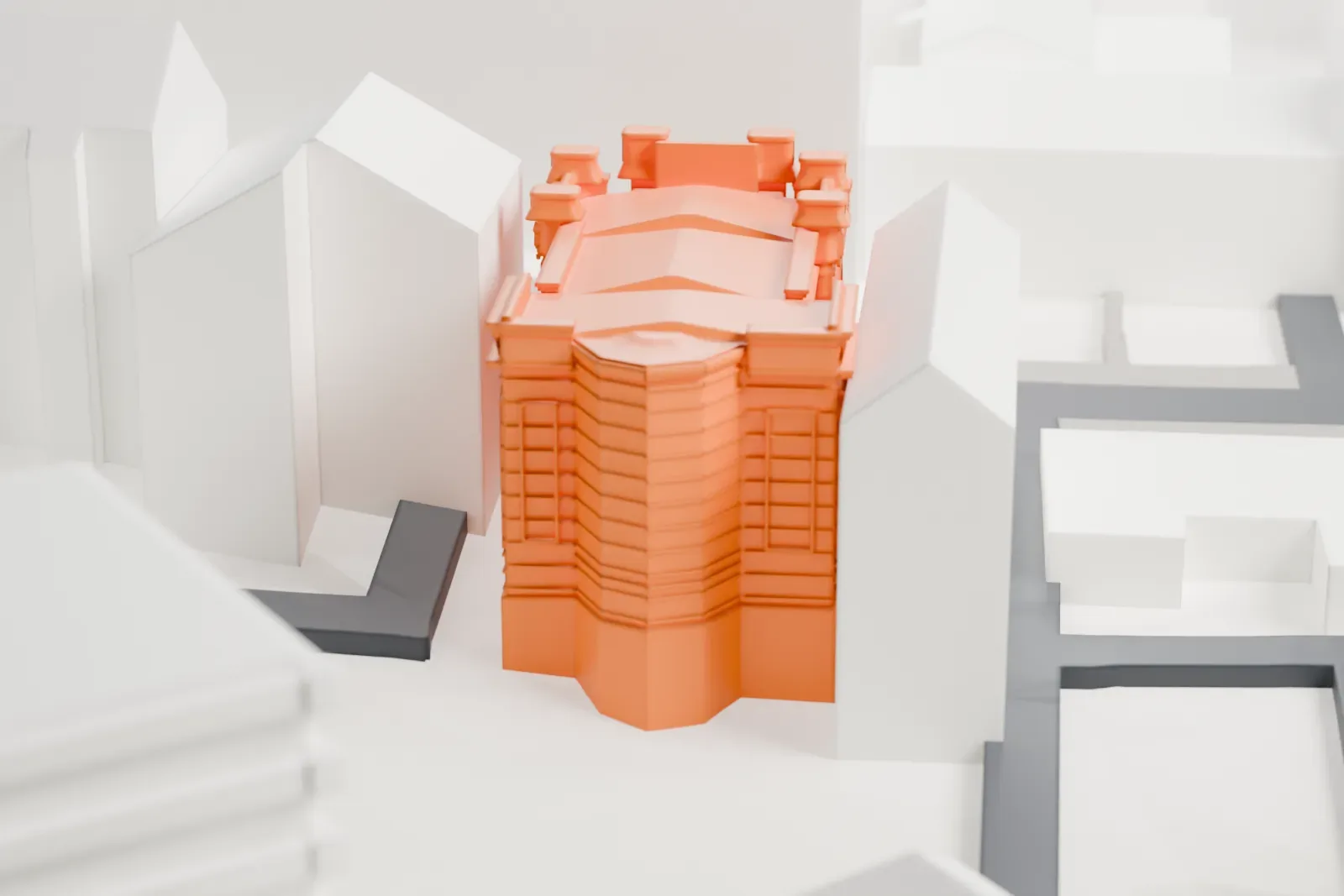 A white 3D print of the Karaite Kenesa in Kyiv, a low building with ornate corner turrets and a gently pitched roof, hemmed in by tall buildings around it.