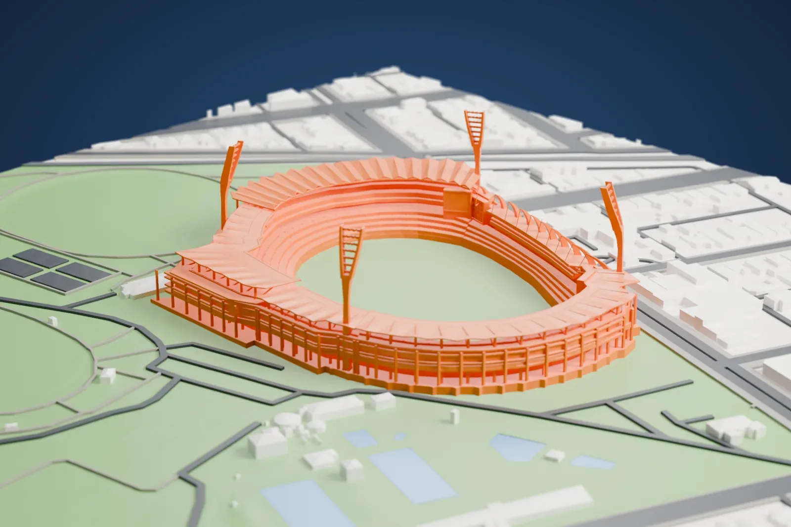 A white 3D print of Kardinia Park in South Geelong, with the park and surrounding streets and buildings.