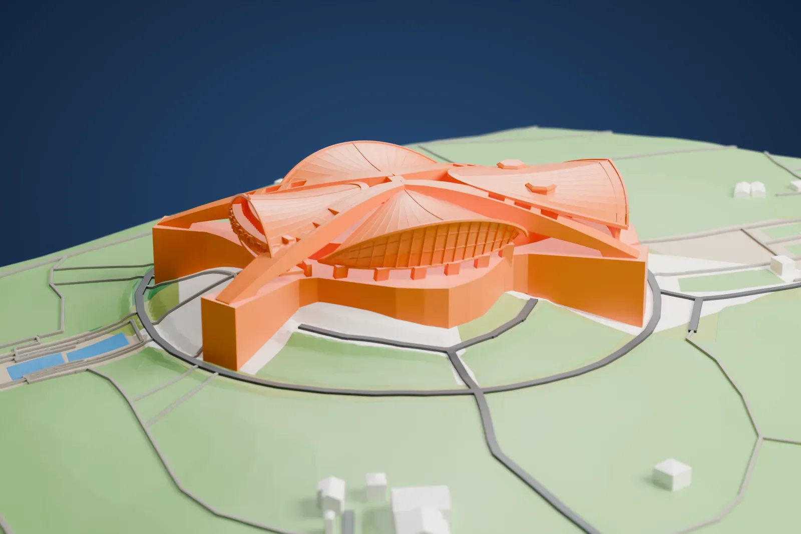 A white 3D print of Karen Demirchyan Complex, a hall with four curved roof petals rising from crossed pylons, on its hill above the surrounding city of Yerevan.