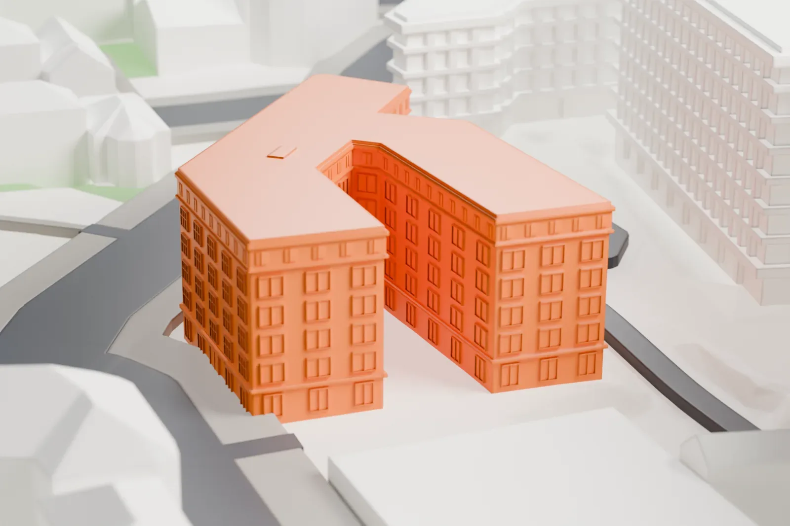A white 3D print of the Karl-Liebknecht-Haus among the surrounding streets and buildings.