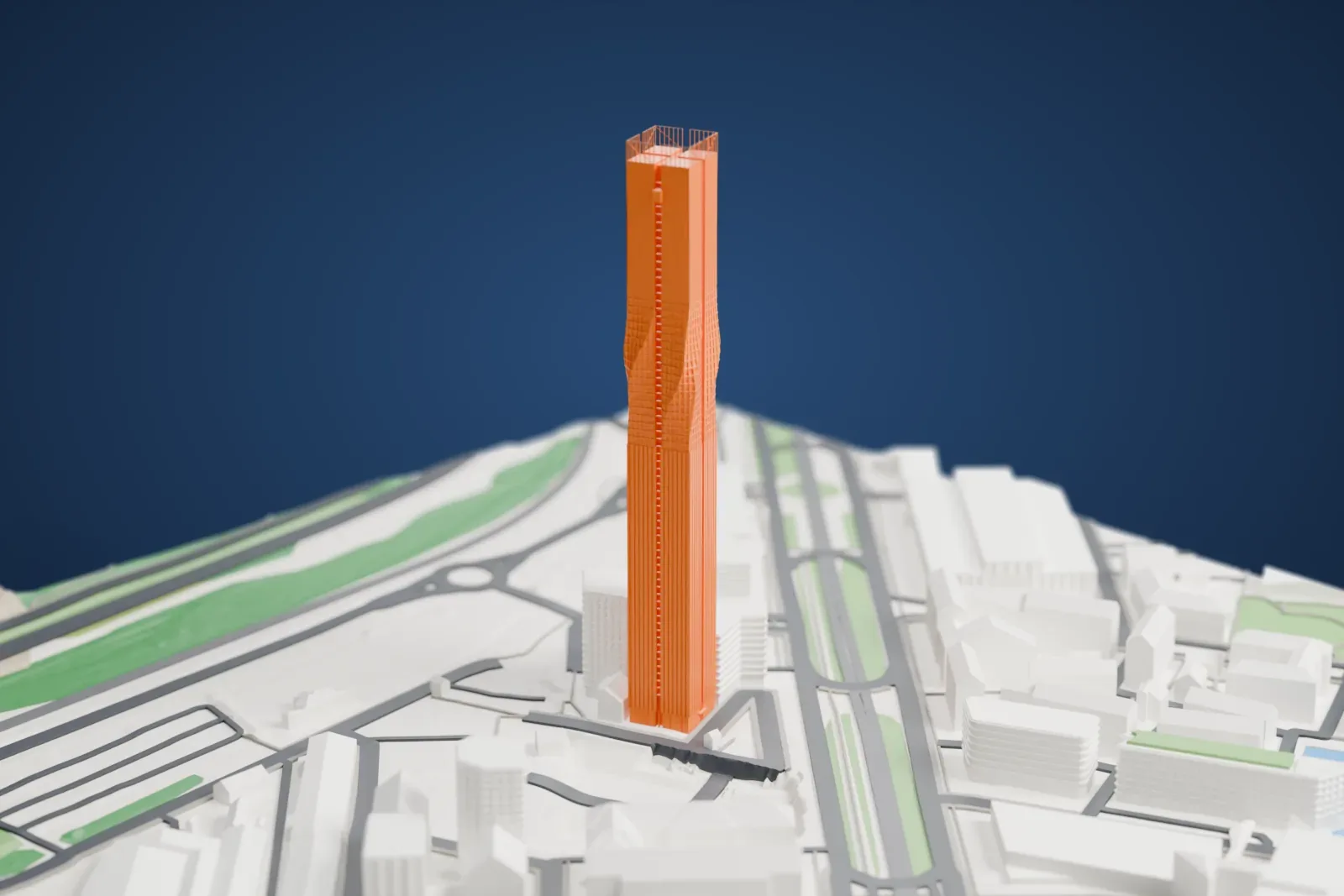 A white 3D print of Karlatornet, a slender tower with a twisted middle and a split crown, surrounded by city buildings.