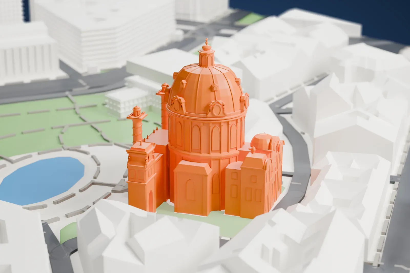 A white 3D print of the Karlskirche, a domed church with a columned portico and two tall free-standing columns, beside a pool of water with a park and dense buildings around it.
