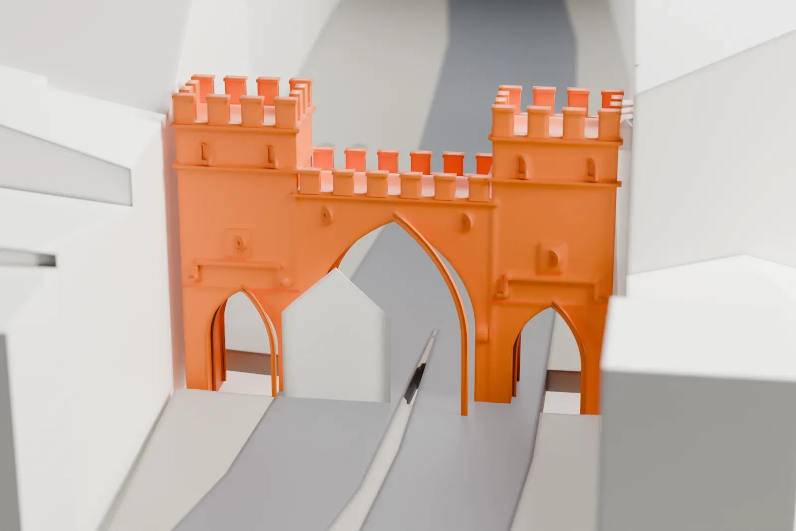 A white 3D print of the Karlstor, with its arch and side towers set among the pedestrian streets of central Munich.