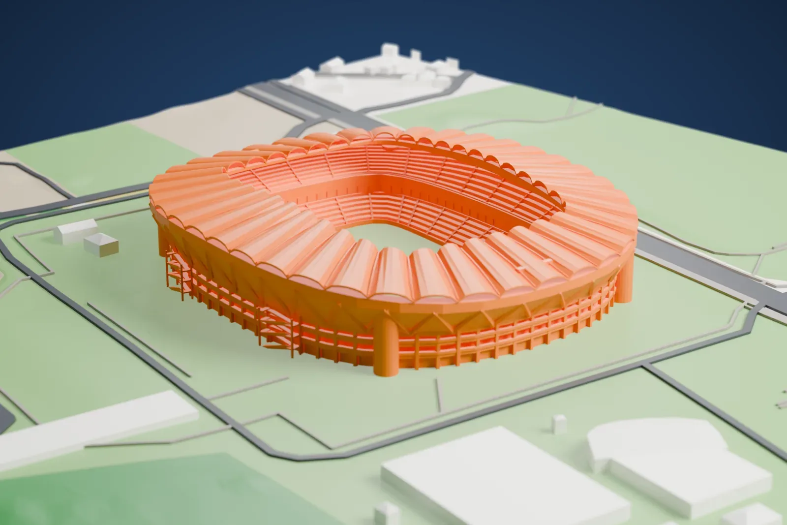 A white 3D print of Kashima Soccer Stadium among its surroundings.