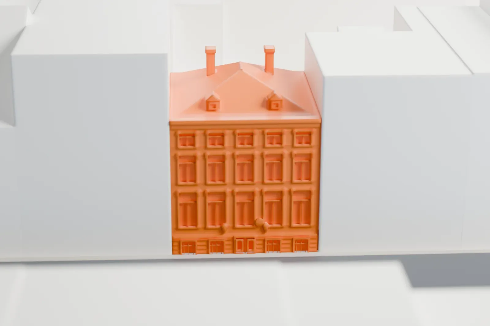 A white 3D print of the KattenKabinet, a canal house on the Herengracht, standing among the surrounding streets and canal-side buildings of Amsterdam.