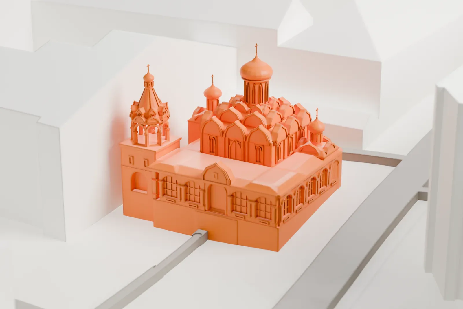 A white 3D print of Kazan Cathedral on Red Square in Moscow, with the surrounding streets and buildings.