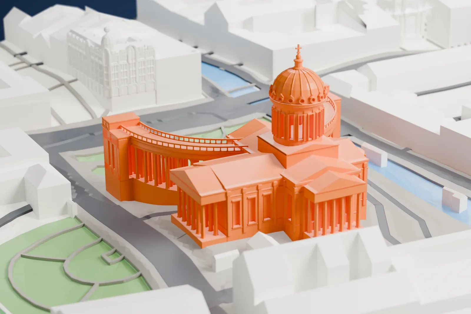 A white 3D print of the Kazan Cathedral, its colonnade standing on Nevsky Prospekt among the surrounding city buildings.