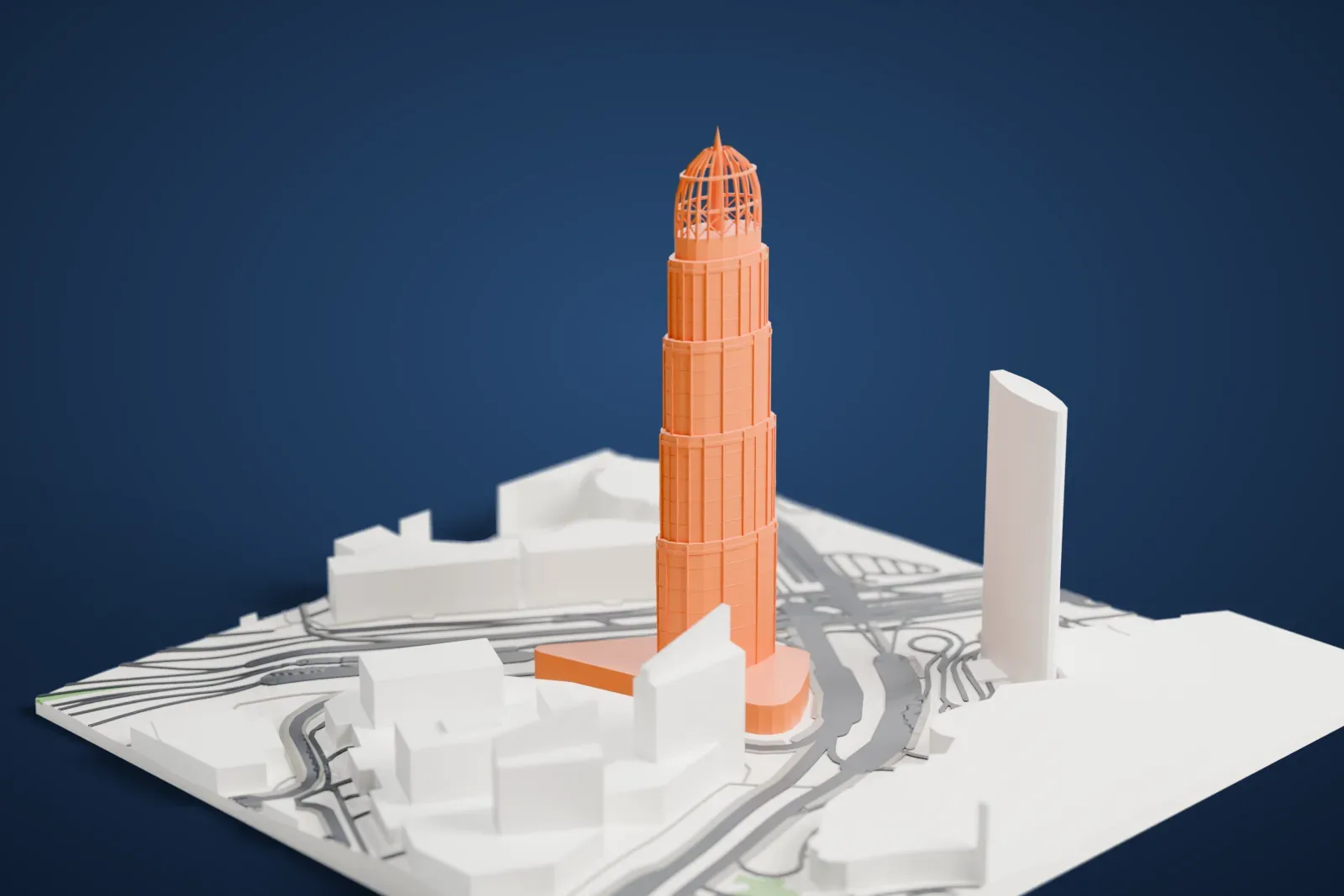 A white 3D print of Kempinski The Boulevard Dubai, a tall hotel tower among the buildings of Downtown Dubai.