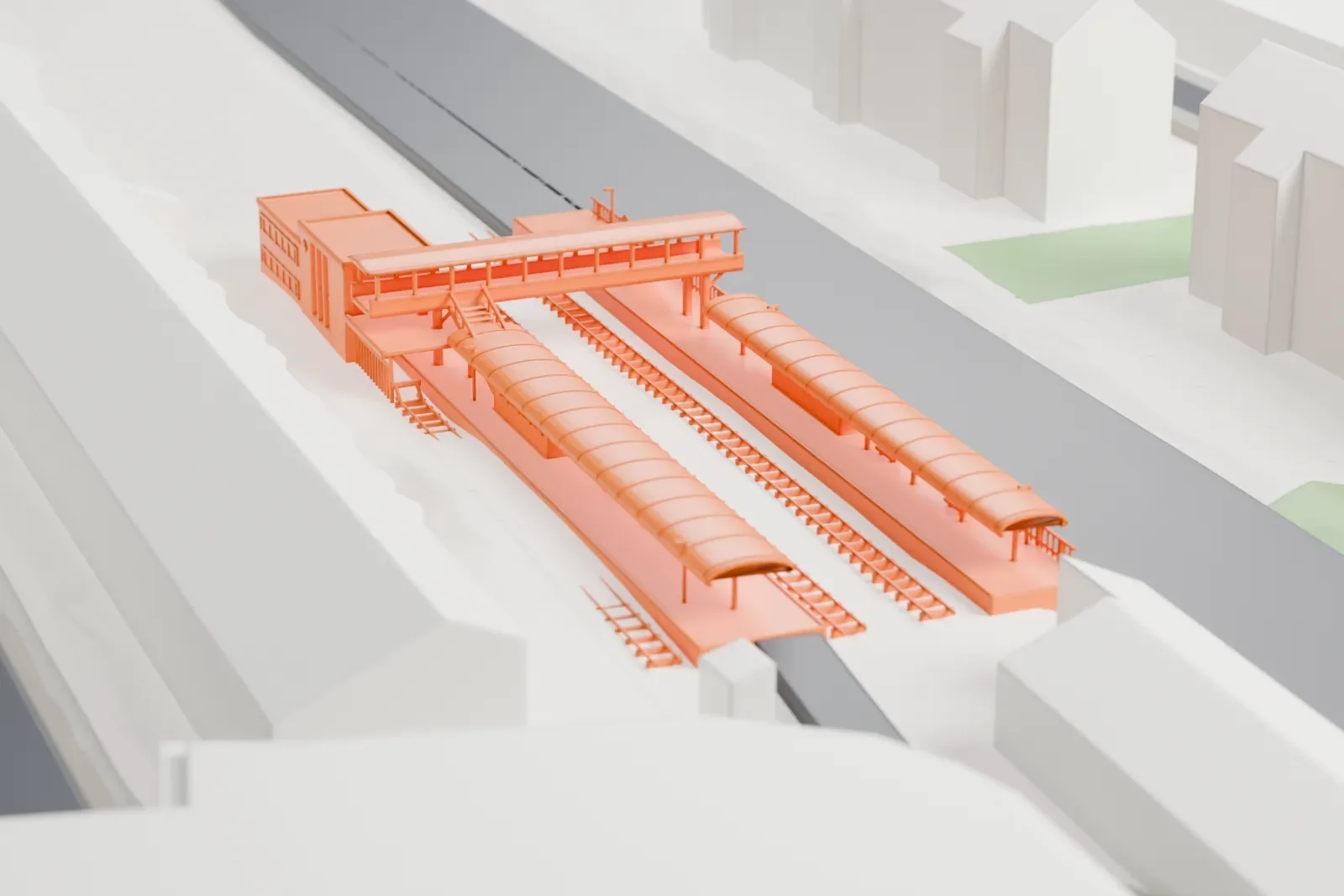 A white 3D print of Kensington (Olympia) station in West London, set among the surrounding streets and buildings.
