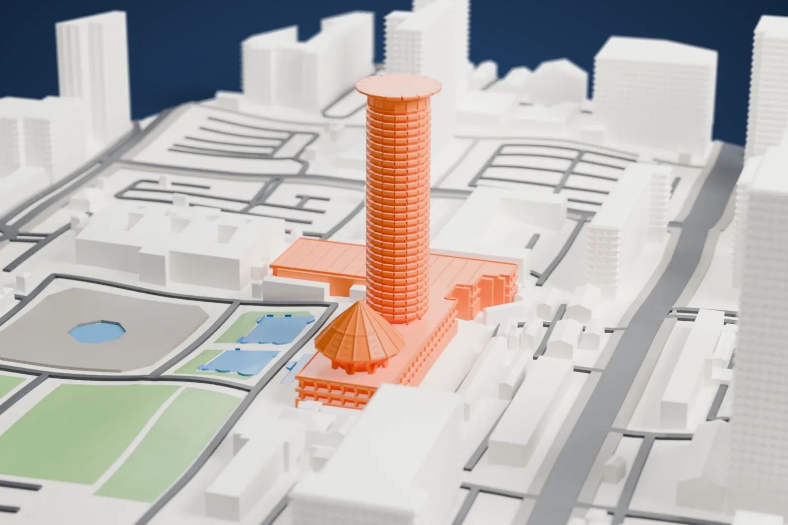 A white 3D print of the Kenyatta International Convention Centre, a cylindrical banded tower with a wide flat helipad crown and a conical amphitheatre beside it, among the surrounding streets and buildings of Nairobi.