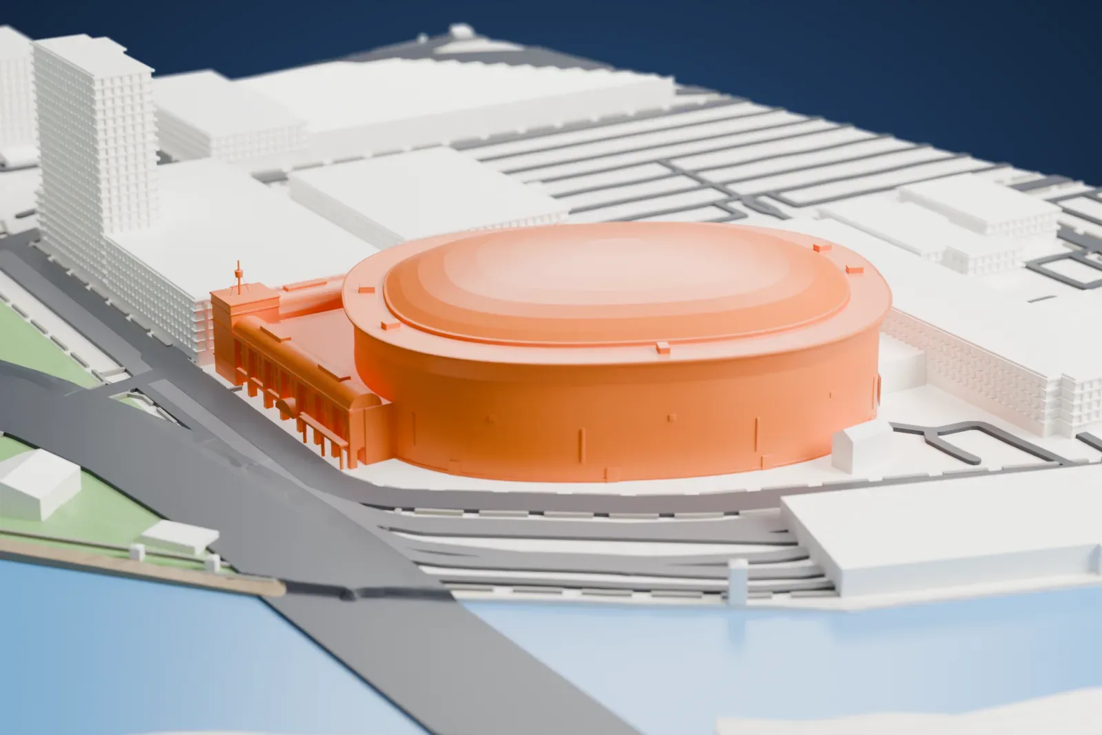 A white 3D print of KeyBank Center, an oval brick drum with a low dome inside a flat rim and a glass pavilion ending at a mast, among streets and buildings.