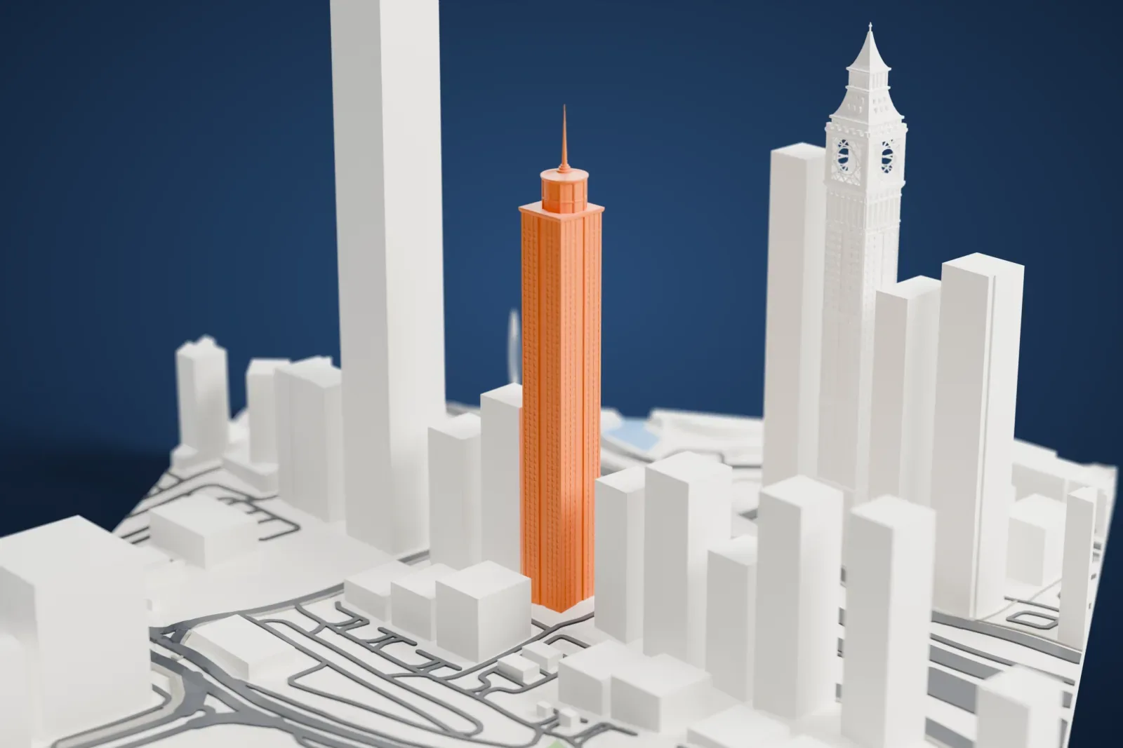 A white 3D print of Khalid Al Attar Tower 2, a tall tower, among the surrounding streets and buildings.