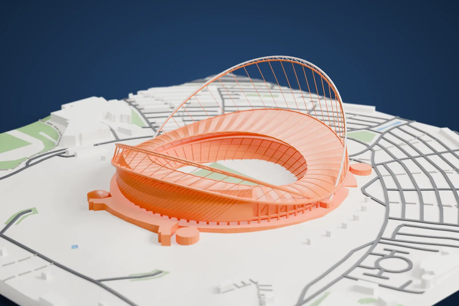 A white 3D print of Khalifa International Stadium, an oval stadium with two tall roof arches and a wavy roof ring over the seats, standing on flat open ground among roads.