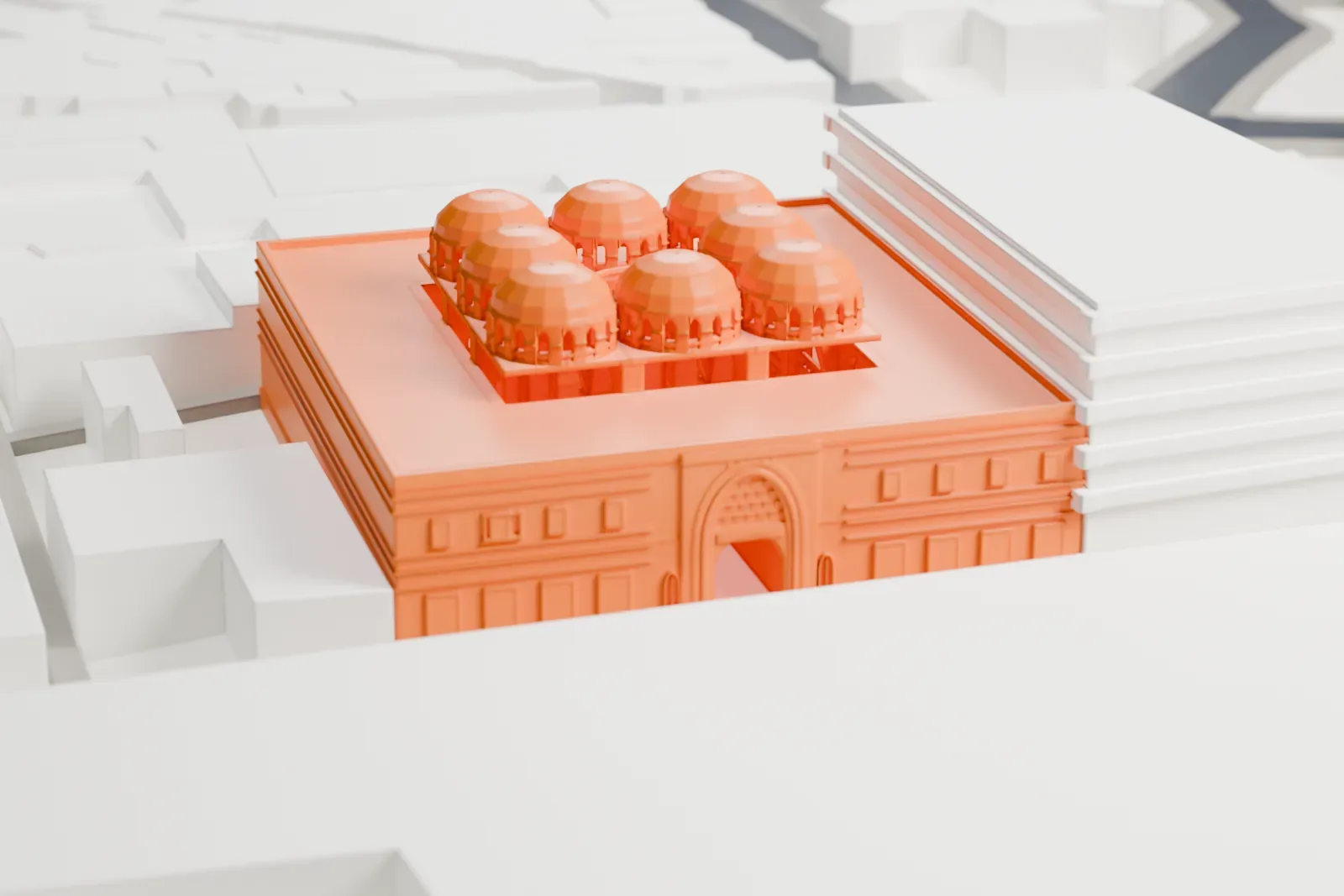 A white 3D print of Khan As'ad Pasha, a broad rectangular building with a cluster of small domes on its roof, among surrounding buildings.