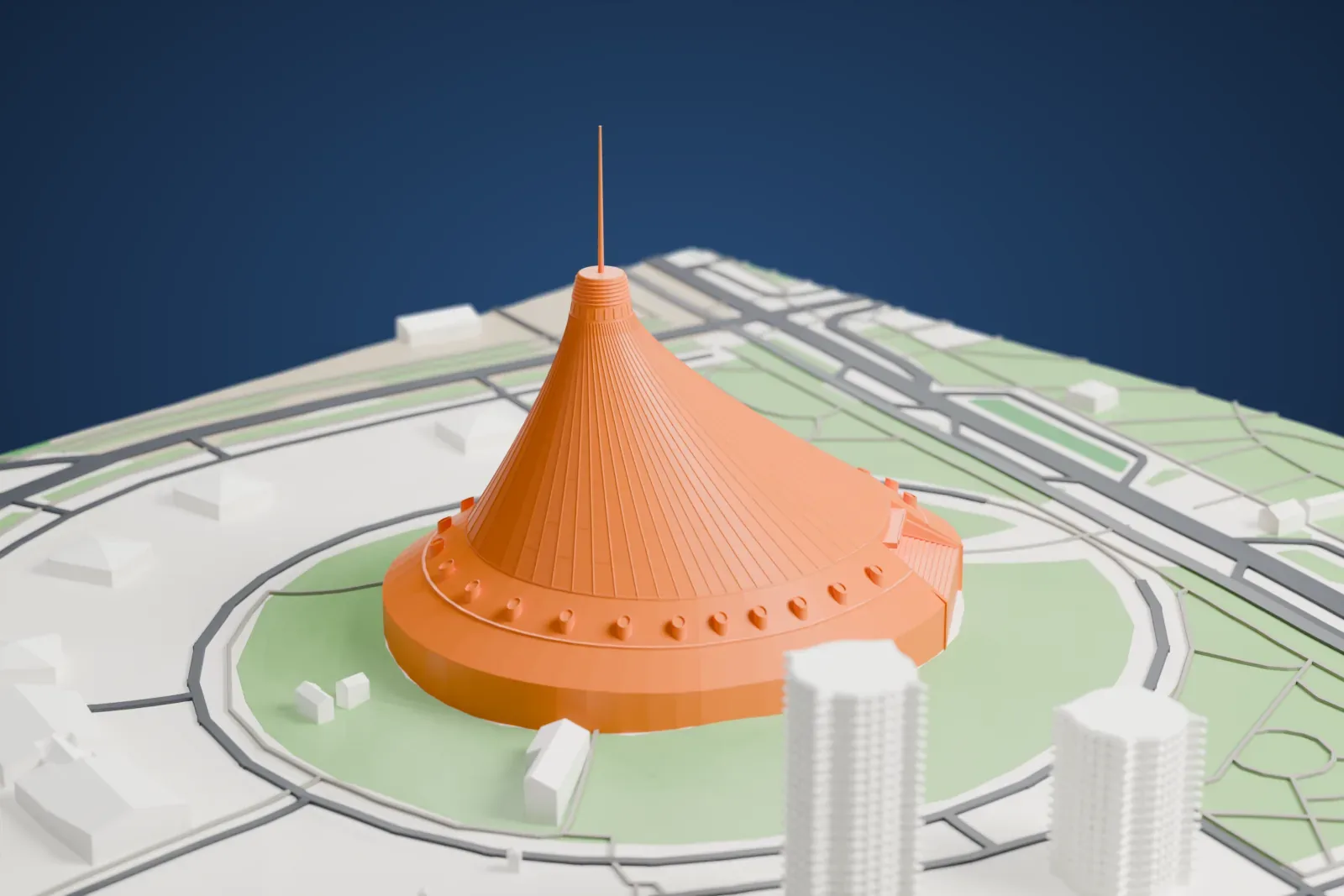 A white 3D print of the Khan Shatyr Entertainment Center, a broad sloped tent pierced by a slender mast, with an oval base, among the streets and buildings of Astana.