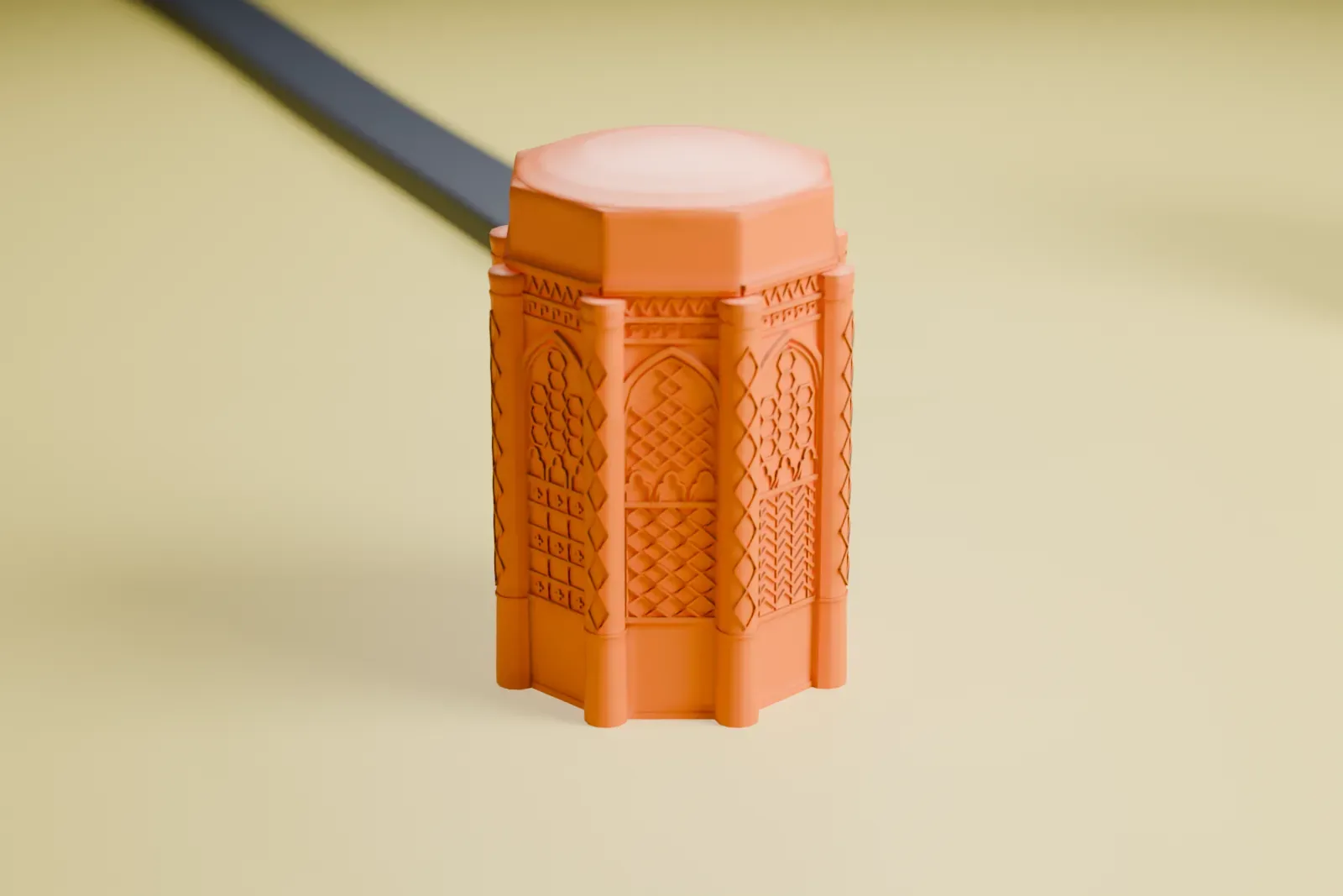 A white 3D print of a single octagonal Kharraqan tower with carved brick patterns, rounded corner buttresses and a shallow dome.