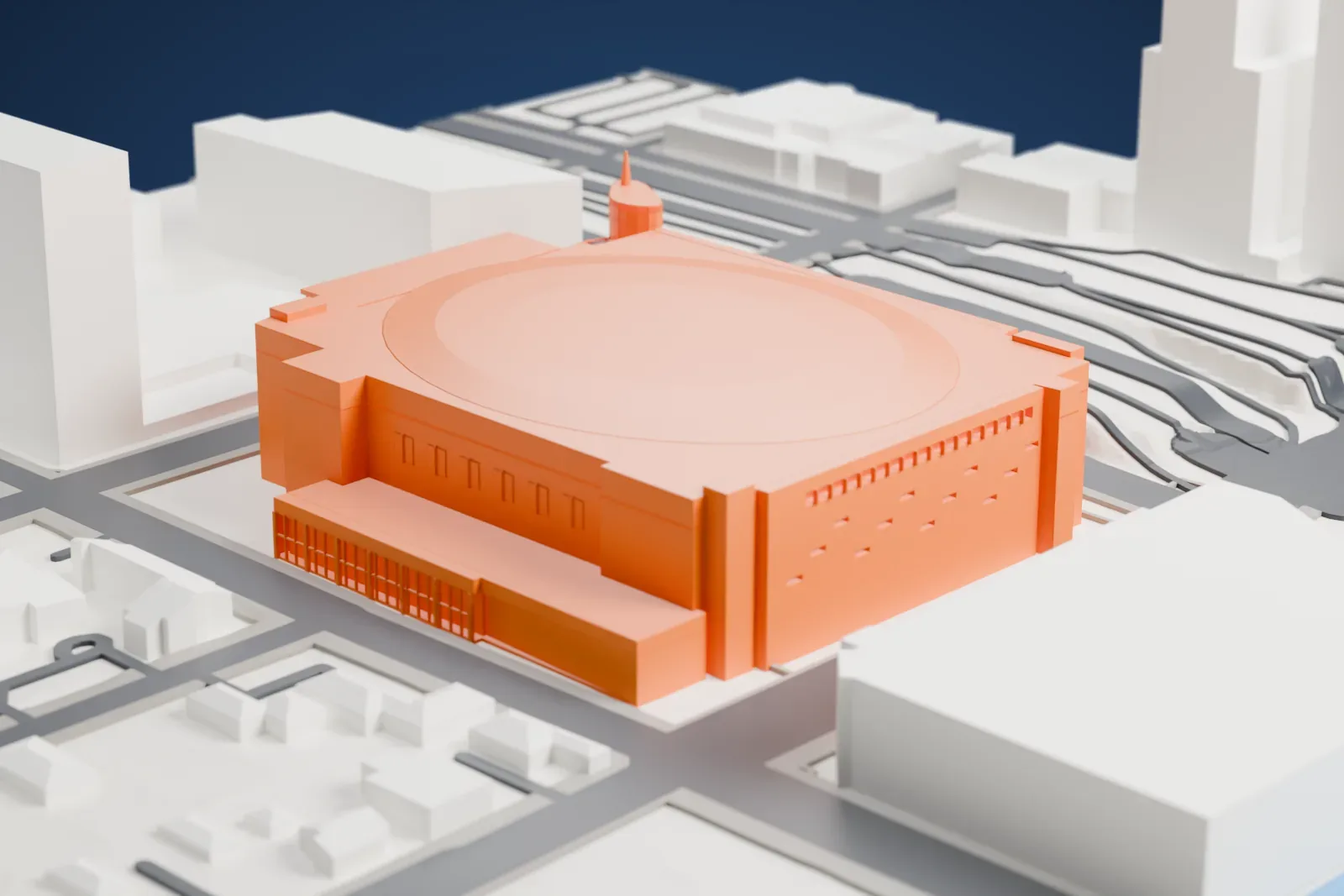 A white 3D print of Kia Center, a broad arena standing among the streets and blocks of downtown Orlando.
