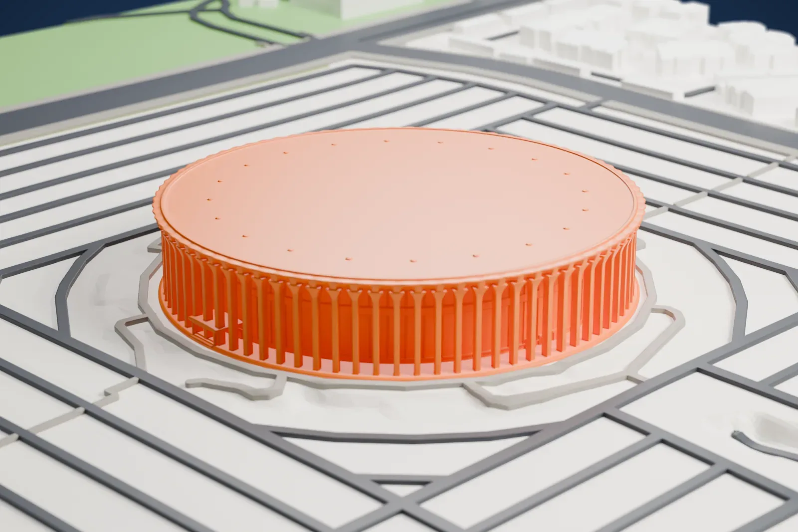 A white 3D print of the Kia Forum, a round arena, among the streets and buildings around it.