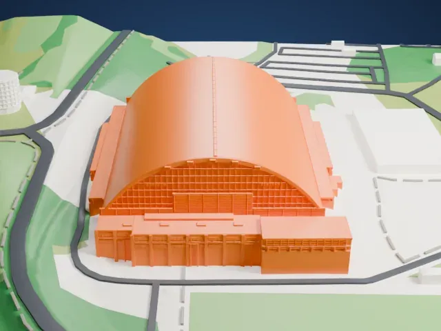 Kibbie Dome model, East view
