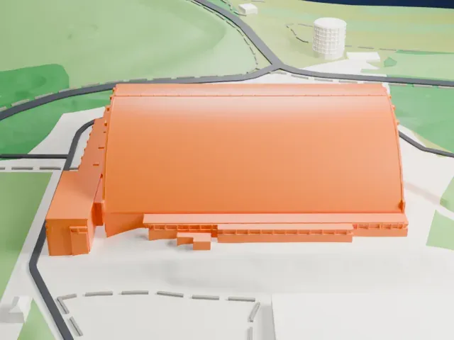 Kibbie Dome model, North view