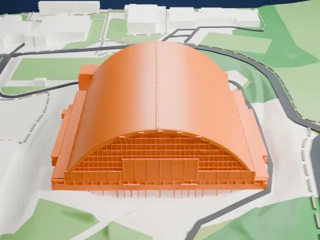 Kibbie Dome model, West view