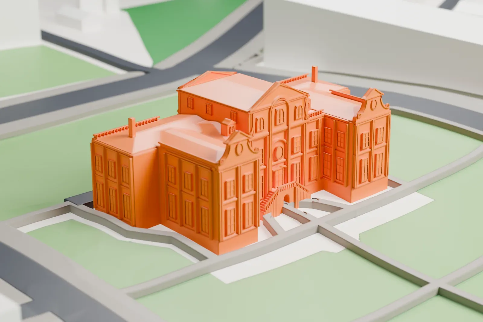 A white 3D print of Kikin Hall, a small residence among surrounding streets and buildings.