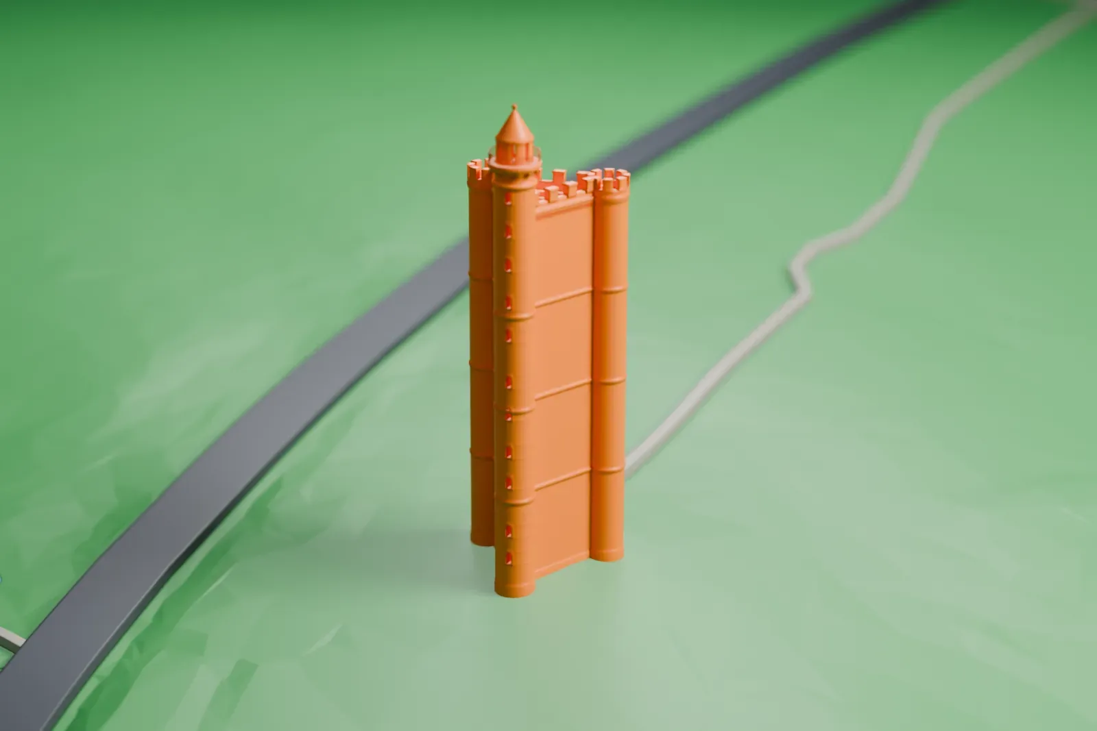 A white 3D print of King Alfred's Tower, a triangular brick tower with round corner turrets and a tall conical cap, standing on a hill above the surrounding countryside.