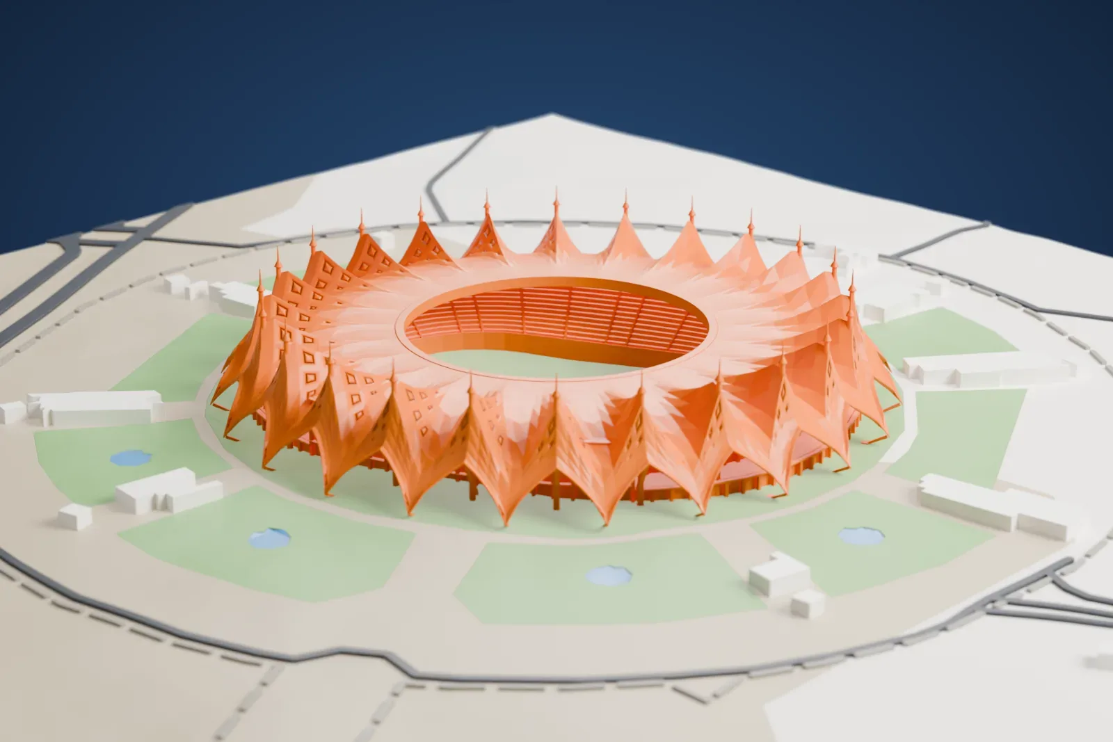 A white 3D print of King Fahd Sports City Stadium, a ring of 24 cone roofs on needle masts above an oval bowl, among streets and buildings.