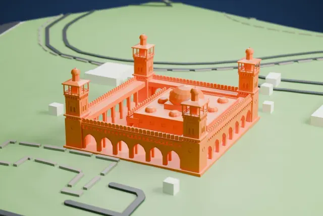 A white 3D print of the King Hussein Mosque, a square building with four corner minarets, a large central dome and several small domes, standing in open parkland with roads and low buildings nearby.