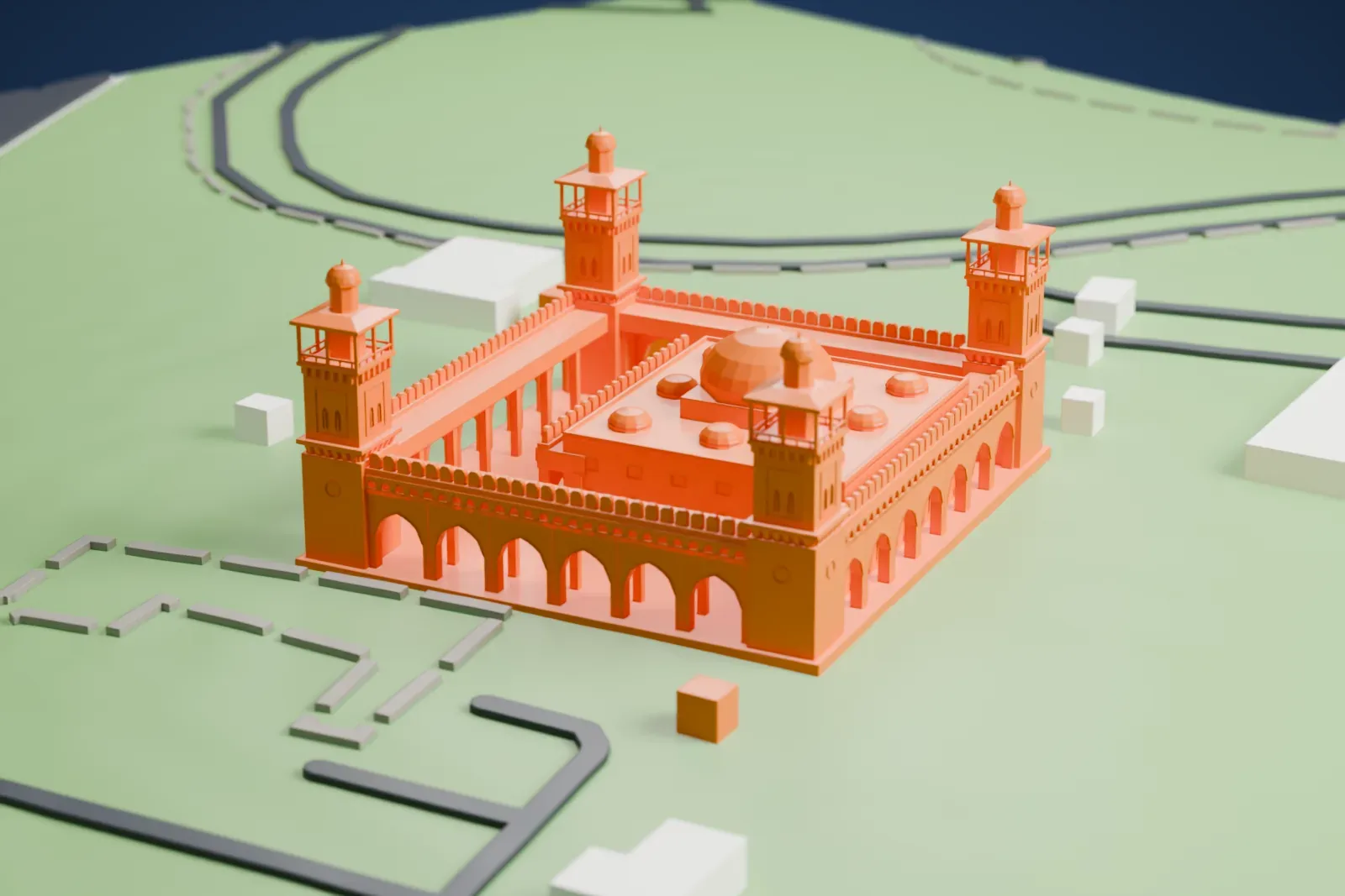 A white 3D print of the King Hussein Mosque, a square building with four corner minarets, a large central dome and several small domes, standing in open parkland with roads and low buildings nearby.
