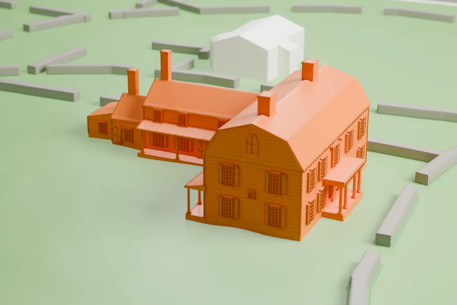 A white 3D print of King Manor, an L-shaped house with a gambrel roof, porches and chimneys, standing on green parkland with paths around it.