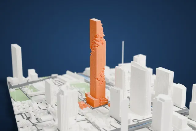 A white 3D print of King Power Mahanakhon, a slim square tower with stepped, notched sides, rising above lower buildings, roads and small patches of park.