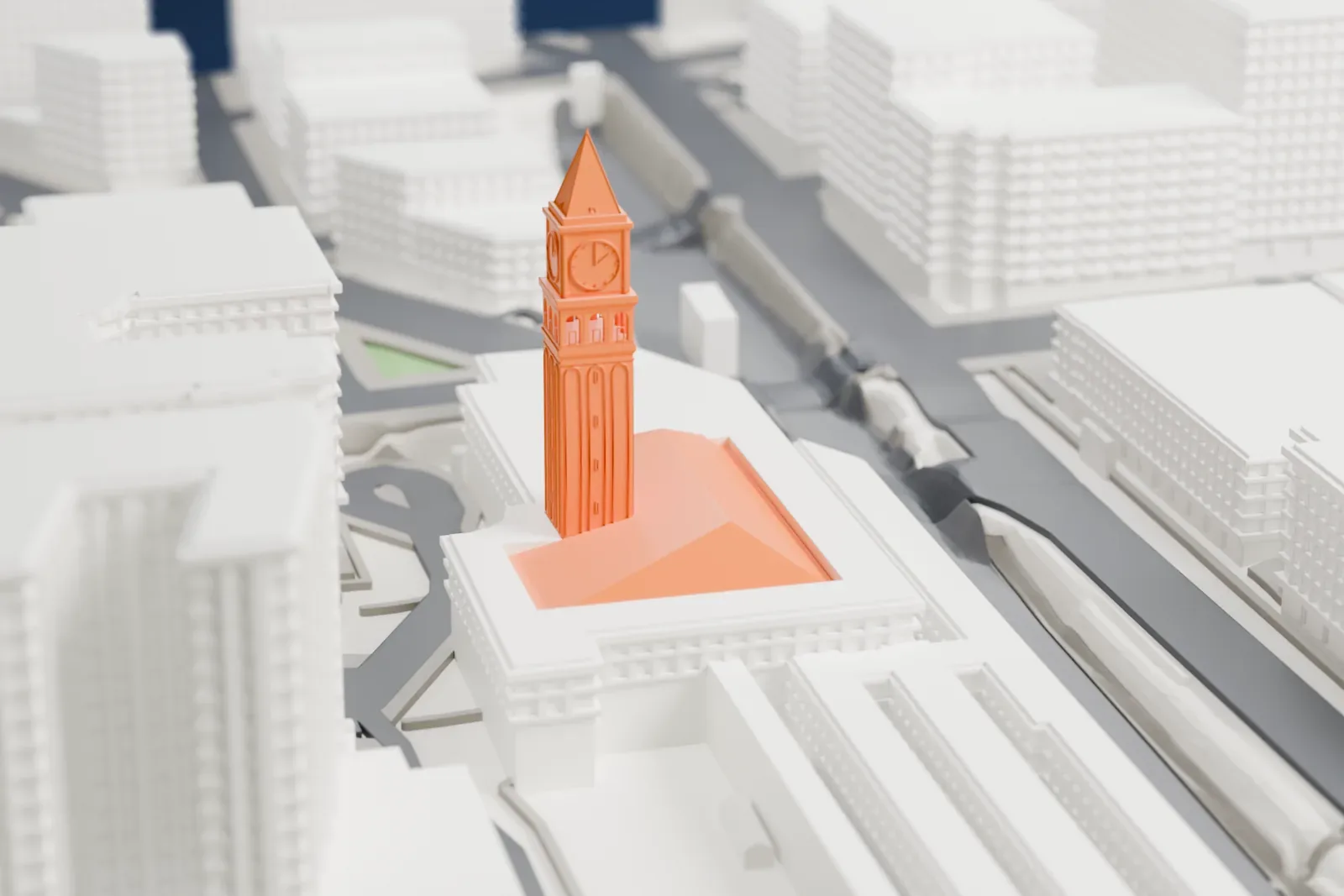 A white 3D print of King Street Station among the surrounding streets and buildings.