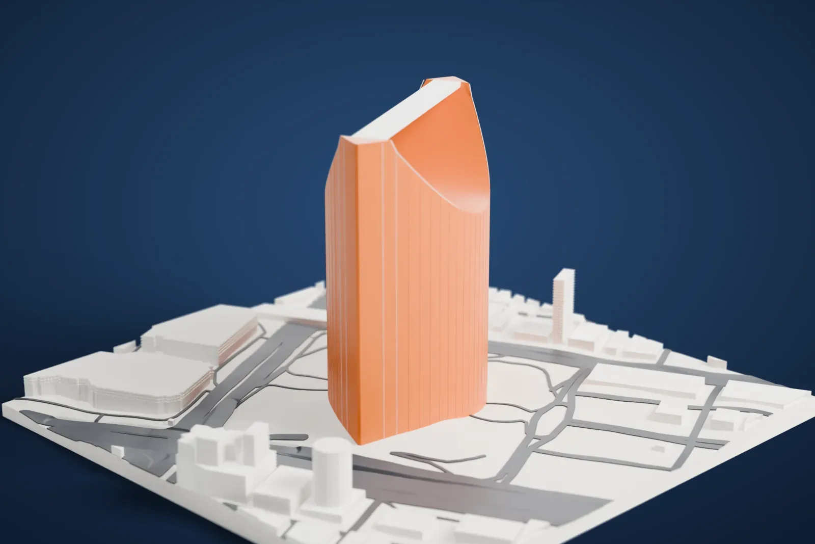 A white 3D print of Kingdom Centre, a very tall slim tower with a large arched opening near the top, rising above low curved buildings, with wide roads and other buildings around it.