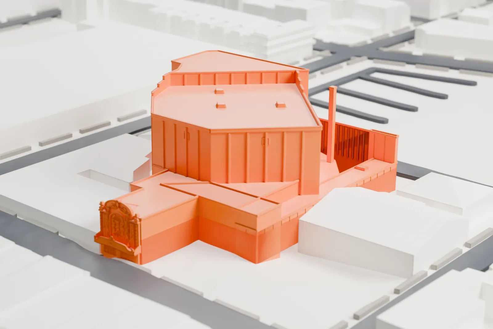 A white 3D print of Kings Theatre, a large auditorium block with a smaller ornate entrance, surrounded by low buildings and streets.