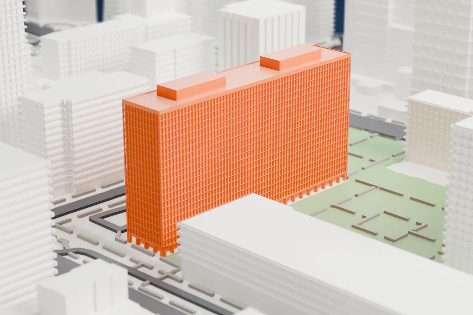 A white 3D print of Kips Bay Towers, a long, gridded slab tower with two blocks on its roof, among mid-rise buildings, streets and a green park.