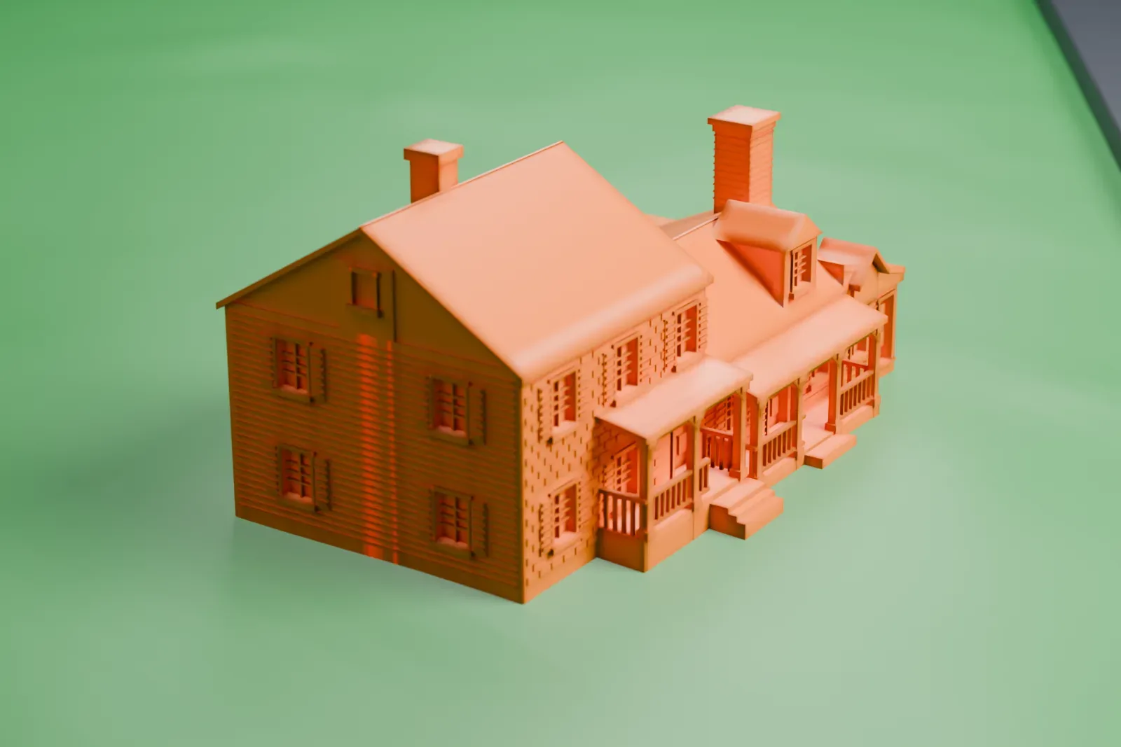 A white 3D print of the Kirch–Ford House, a two-story farmhouse with chimneys and a columned porch, on open lawn beside two roads.