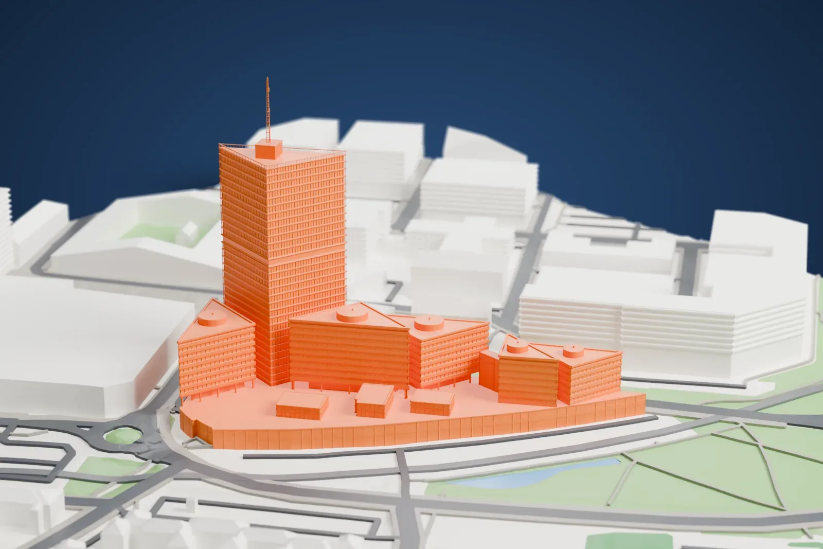 A white 3D print of the Kista Science Tower, a tall triangular tower with a thin mast, beside lower triangular wings and the surrounding streets.