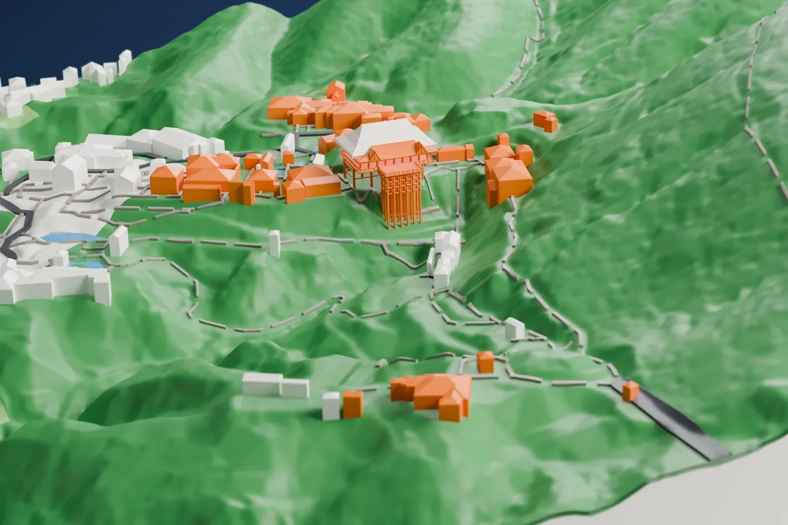 A white 3D print of Kiyomizu-dera's main hall, a broad hipped-roof hall with a veranda raised on tall pillars, standing among green slopes and nearby buildings.