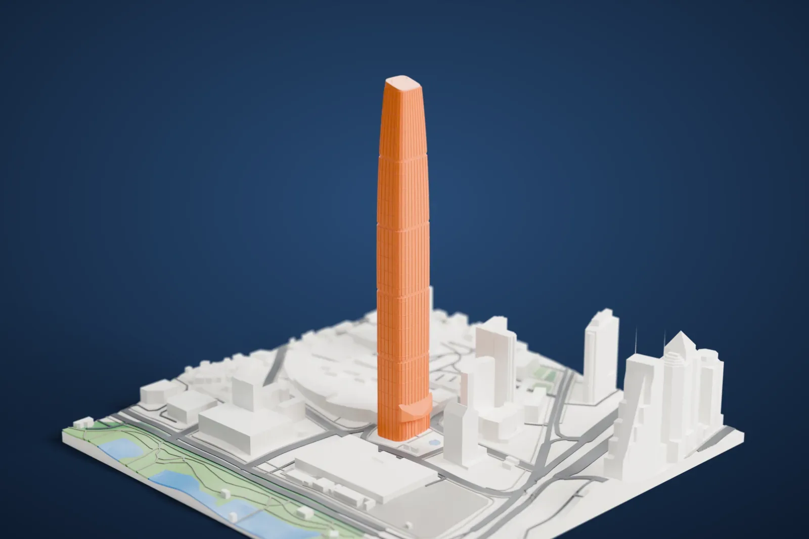 A white 3D print of KK100 rising above the surrounding streets and buildings in Shenzhen.